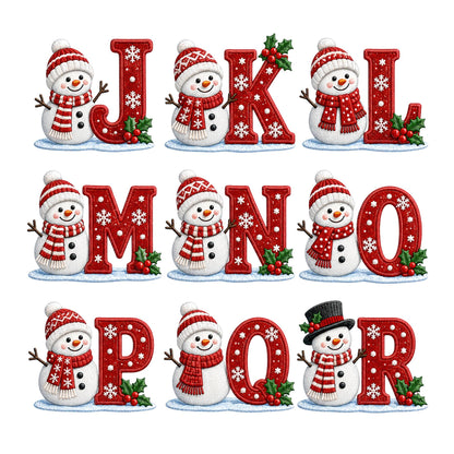 May include: A collection of nine letters from J to R, each paired with a white snowman wearing a red and white patterned hat and scarf. The letters are red with white snowflake patterns and decorated with green holly leaves and red berries.