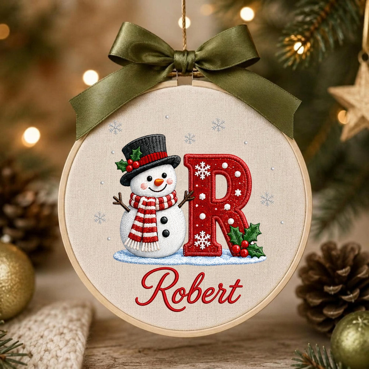 May include: A circular embroidery hoop ornament featuring a snowman wearing a black top hat and a red and white striped scarf next to a large red letter R decorated with white snowflakes and holly. The name Robert is embroidered in red script.