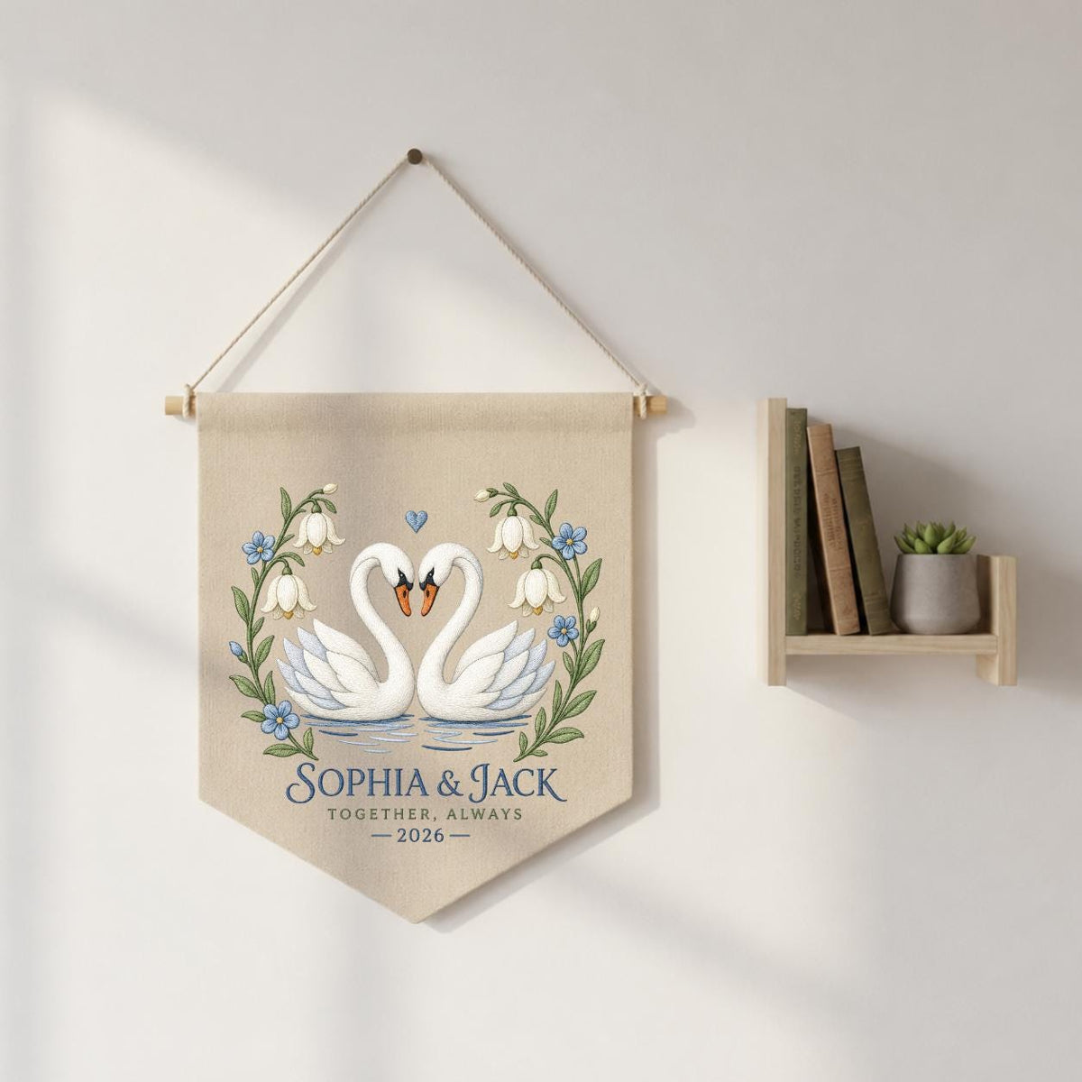 Personalized Couple Canvas Pennant Banner Decor, Custom Embroidered White Swan Heart Floral Name Date Wall Hanging Sign, Gift