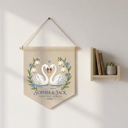 Personalized Couple Canvas Pennant Banner Decor, Custom Embroidered White Swan Heart Floral Name Date Wall Hanging Sign, Gift