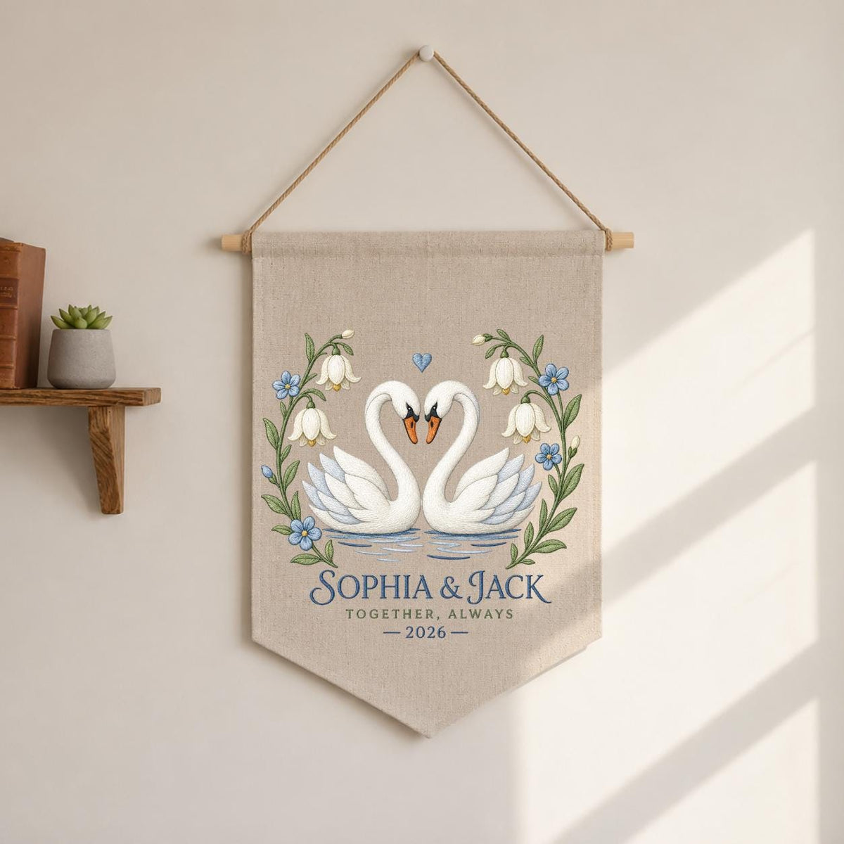 Personalized Couple Canvas Pennant Banner Decor, Custom Embroidered White Swan Heart Floral Name Date Wall Hanging Sign, Gift