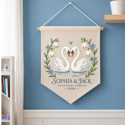 Personalized Couple Canvas Pennant Banner Decor, Custom Embroidered White Swan Heart Floral Name Date Wall Hanging Sign, Gift