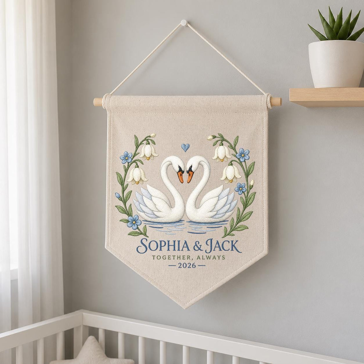 Personalized Couple Canvas Pennant Banner Decor, Custom Embroidered White Swan Heart Floral Name Date Wall Hanging Sign, Gift