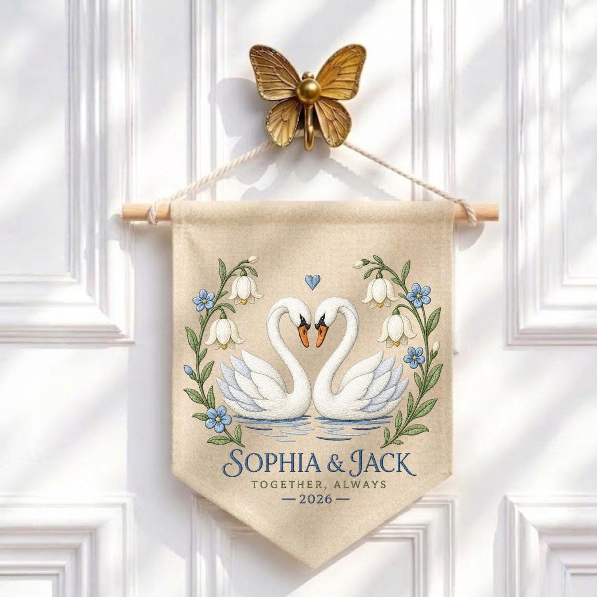 Personalized Couple Canvas Pennant Banner Decor, Custom Embroidered White Swan Heart Floral Name Date Wall Hanging Sign, Gift