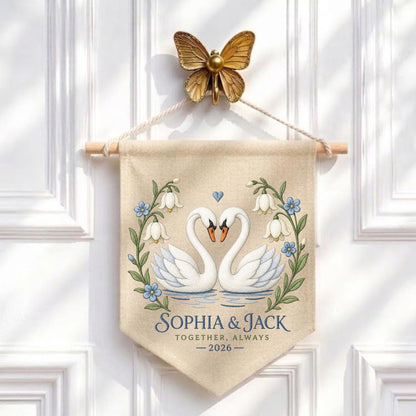 Personalized Couple Canvas Pennant Banner Decor, Custom Embroidered White Swan Heart Floral Name Date Wall Hanging Sign, Gift
