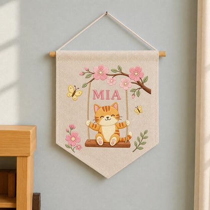 Personalized Cute Cat on Swing Canvas Pennant Banner, Custom Name Embroidered Kitten Cherry Blossom Baby Girl Nursery Wall Hanging Sign