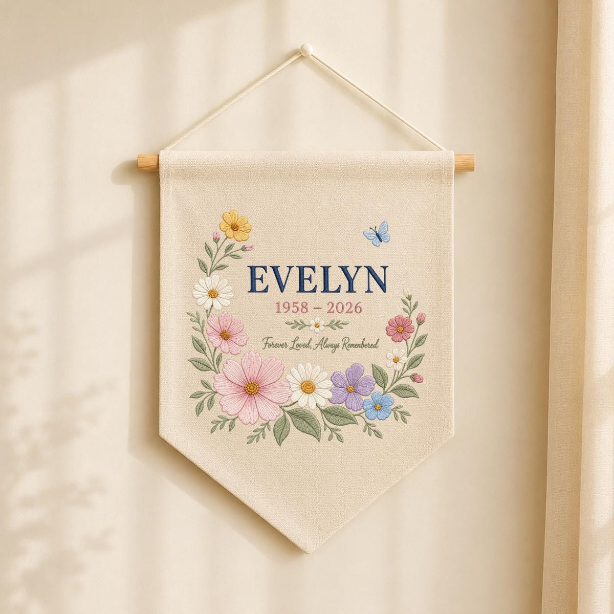 Personalized Memorial Wall Hanging, Evelyn Floral Remembrance Banner, Forever Loved Always Remembered Decor, Celebration of Life Gift