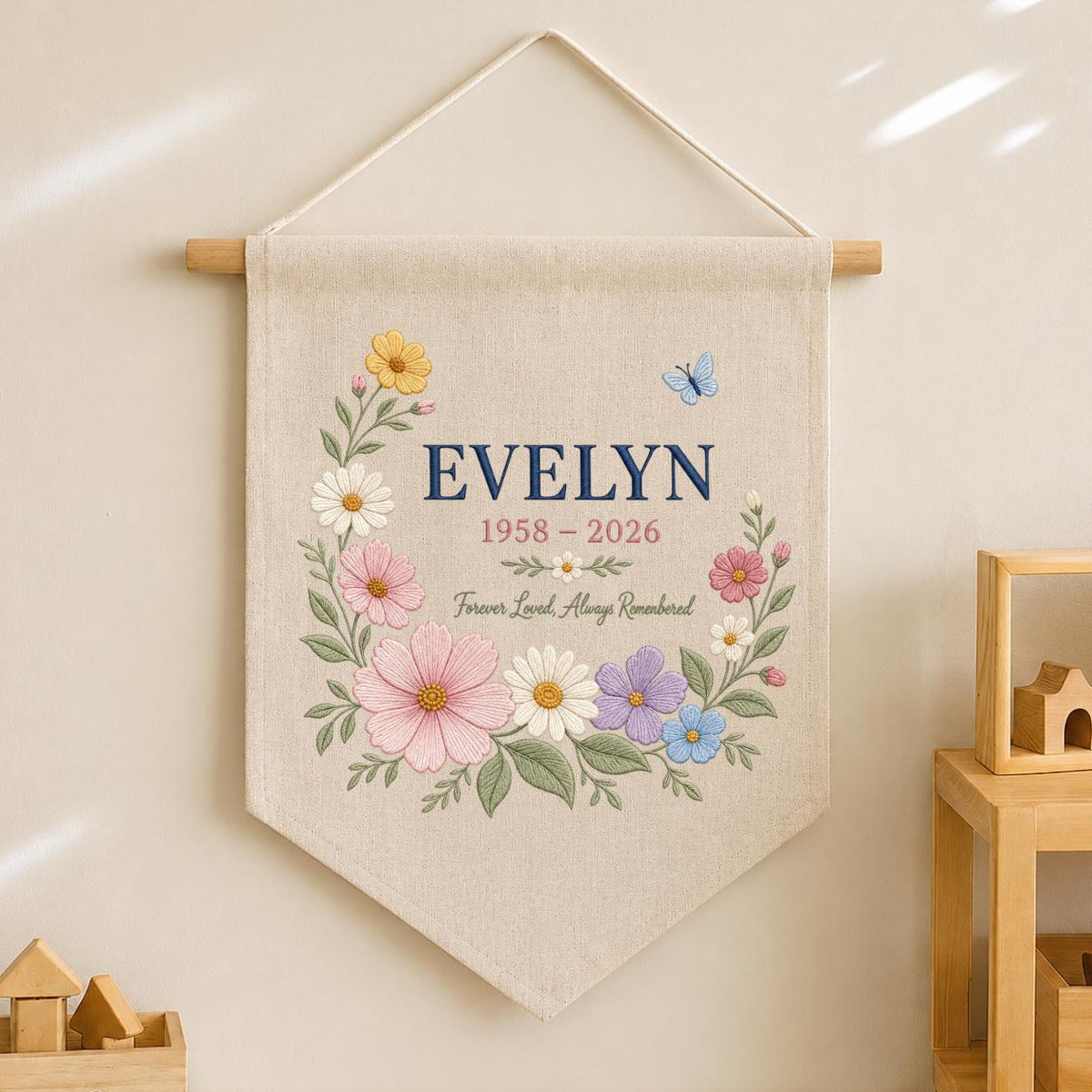 Personalized Memorial Wall Hanging, Evelyn Floral Remembrance Banner, Forever Loved Always Remembered Decor, Celebration of Life Gift