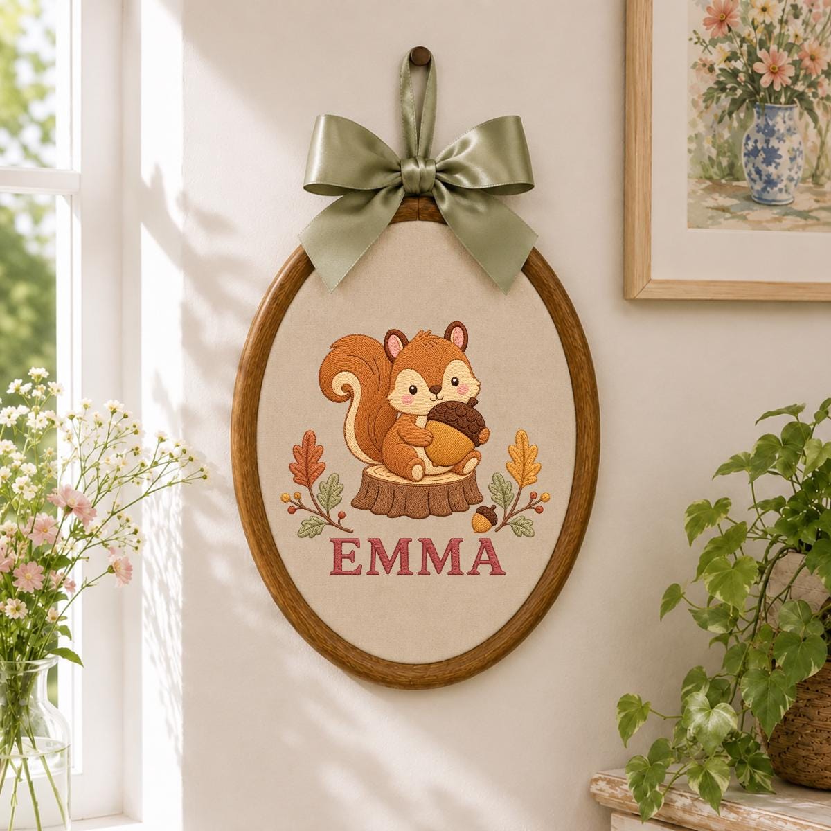 Personalized Squirrel Embroidery Ornament, Emma Woodland Hoop Wall Hanging, Autumn Nursery Decor, Acorn Lover Gift, Blue Gingham