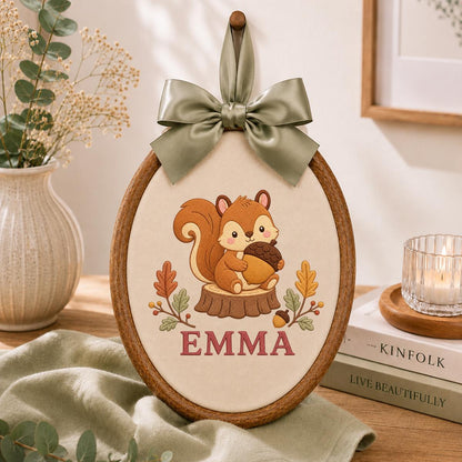 Personalized Squirrel Embroidery Ornament, Emma Woodland Hoop Wall Hanging, Autumn Nursery Decor, Acorn Lover Gift, Blue Gingham