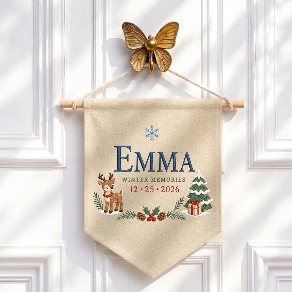 Personalized Christmas Wall Hanging, Emma Winter Memories Banner, Reindeer and Tree Decor, Custom Date Pennant, Holiday Keepsake Gift