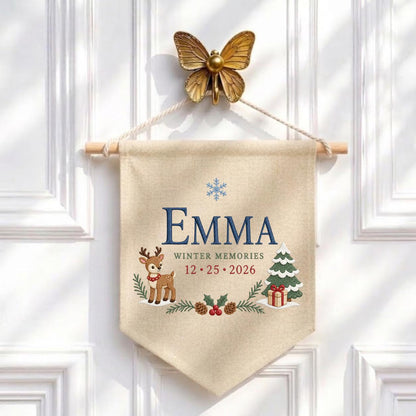 Personalized Christmas Wall Hanging, Emma Winter Memories Banner, Reindeer and Tree Decor, Custom Date Pennant, Holiday Keepsake Gift