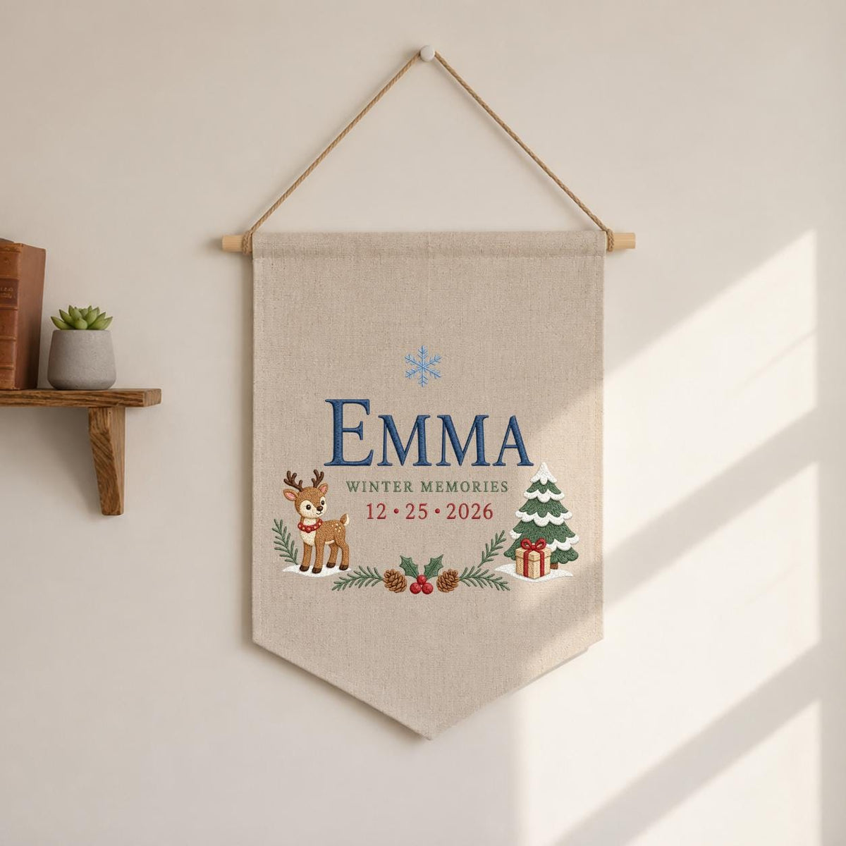 Personalized Christmas Wall Hanging, Emma Winter Memories Banner, Reindeer and Tree Decor, Custom Date Pennant, Holiday Keepsake Gift