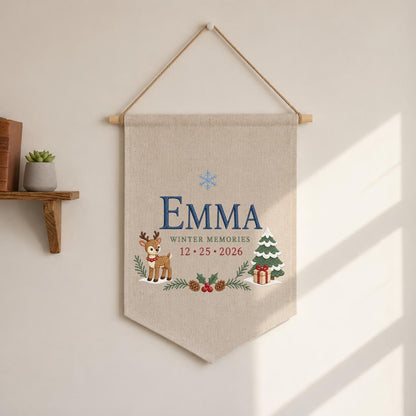 Personalized Christmas Wall Hanging, Emma Winter Memories Banner, Reindeer and Tree Decor, Custom Date Pennant, Holiday Keepsake Gift