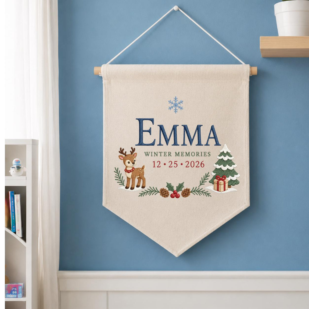 Personalized Christmas Wall Hanging, Emma Winter Memories Banner, Reindeer and Tree Decor, Custom Date Pennant, Holiday Keepsake Gift