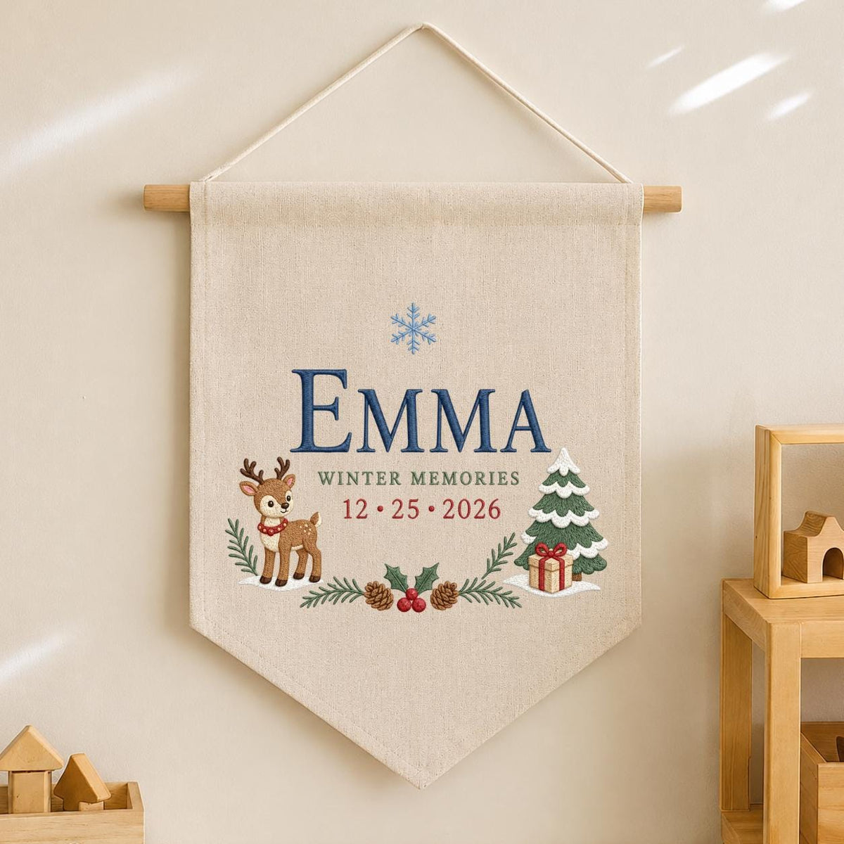 Personalized Christmas Wall Hanging, Emma Winter Memories Banner, Reindeer and Tree Decor, Custom Date Pennant, Holiday Keepsake Gift