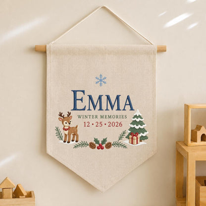 Personalized Christmas Wall Hanging, Emma Winter Memories Banner, Reindeer and Tree Decor, Custom Date Pennant, Holiday Keepsake Gift