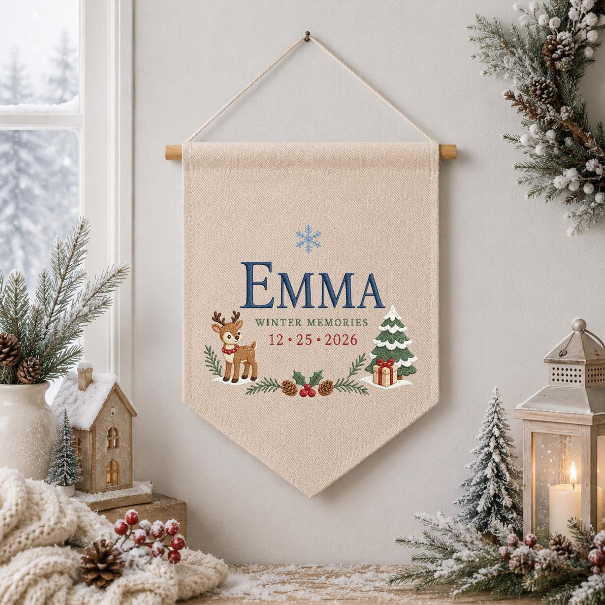 Personalized Christmas Wall Hanging, Emma Winter Memories Banner, Reindeer and Tree Decor, Custom Date Pennant, Holiday Keepsake Gift