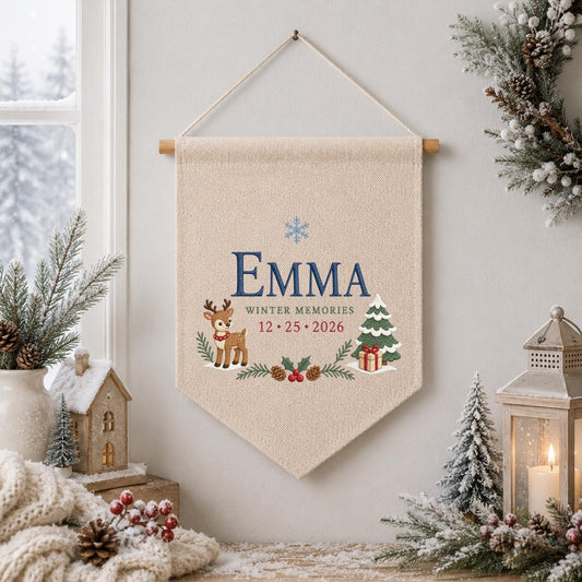 Personalized Christmas Wall Hanging, Emma Winter Memories Banner, Reindeer and Tree Decor, Custom Date Pennant, Holiday Keepsake Gift
