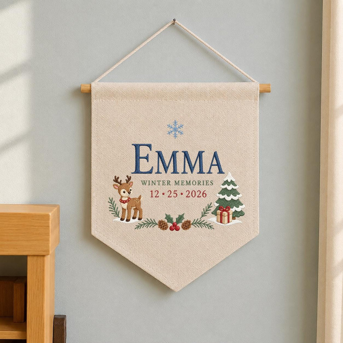 Personalized Christmas Wall Hanging, Emma Winter Memories Banner, Reindeer and Tree Decor, Custom Date Pennant, Holiday Keepsake Gift