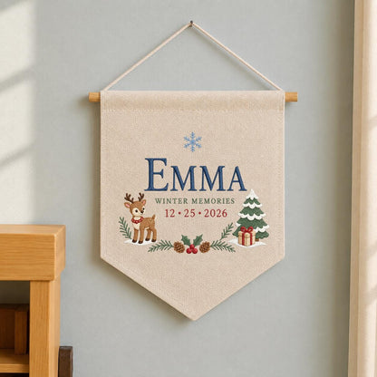 Personalized Christmas Wall Hanging, Emma Winter Memories Banner, Reindeer and Tree Decor, Custom Date Pennant, Holiday Keepsake Gift