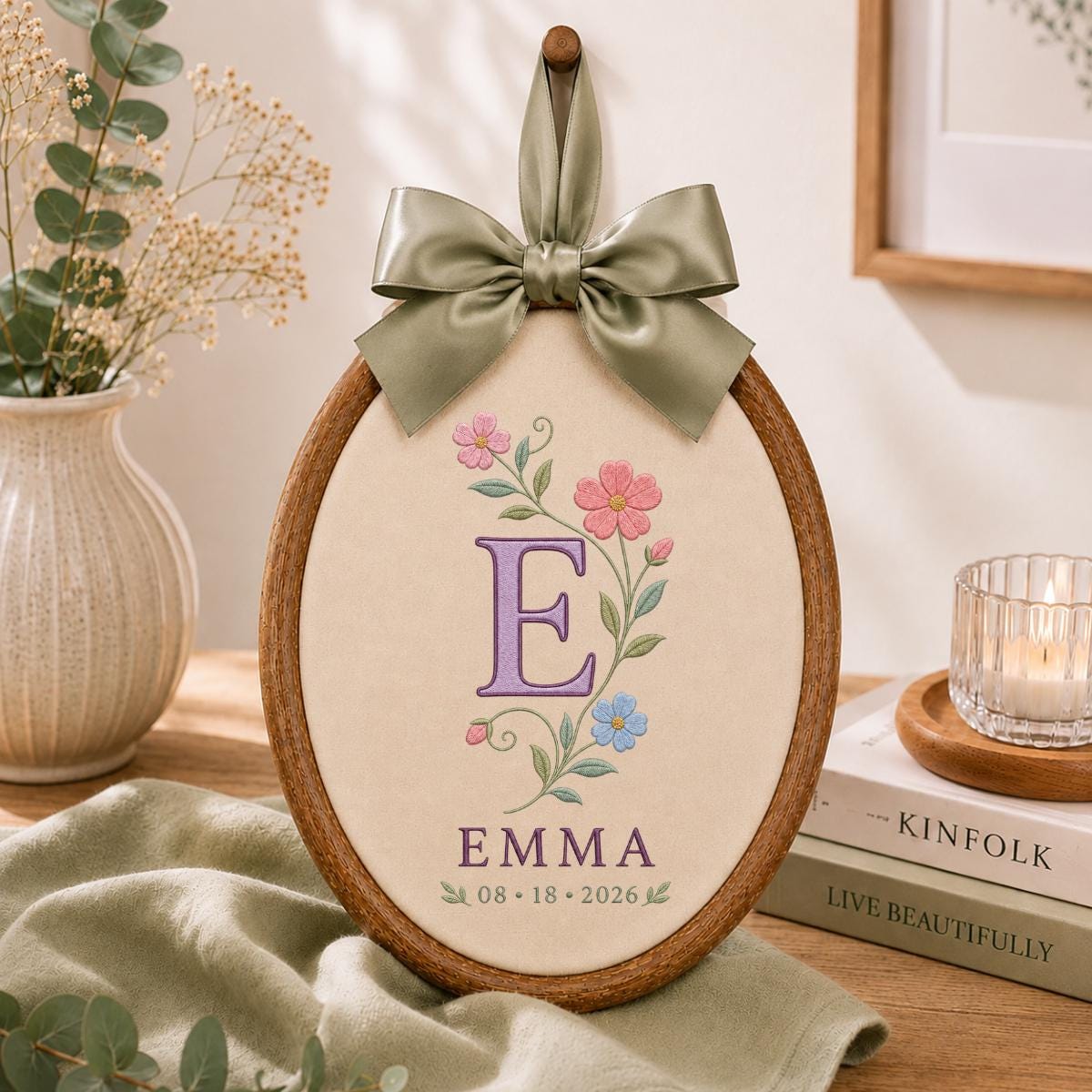 Personalized Floral Monogram Ornament, Emma Initial E Oval Wall Hanging, Custom Name Date Decor, Ribbon Bow Nursery Gift