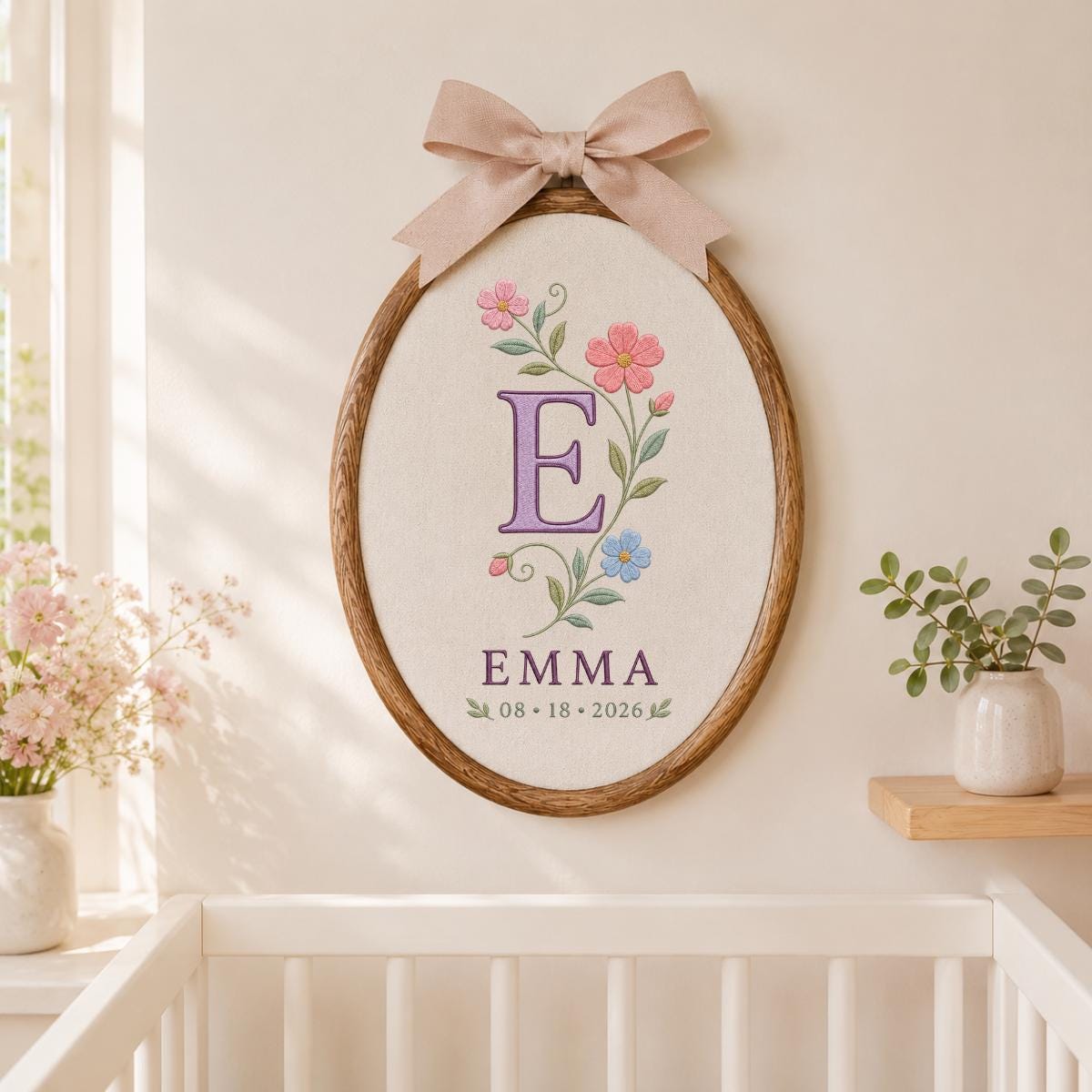 Personalized Floral Monogram Ornament, Emma Initial E Oval Wall Hanging, Custom Name Date Decor, Ribbon Bow Nursery Gift