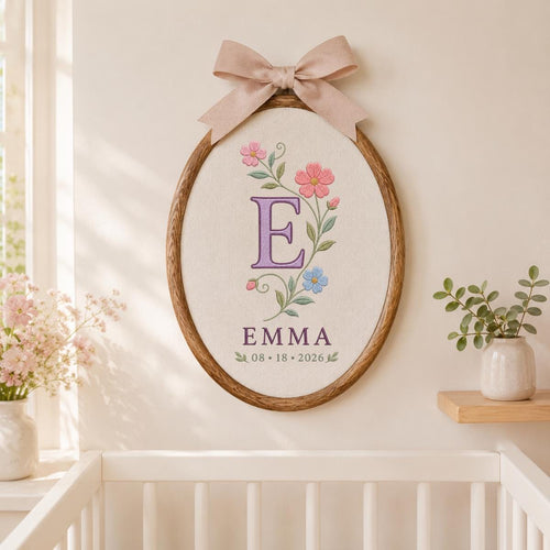 Personalized Floral Monogram Ornament, Emma Initial E Oval Wall Hanging, Custom Name Date Decor, Ribbon Bow Nursery Gift