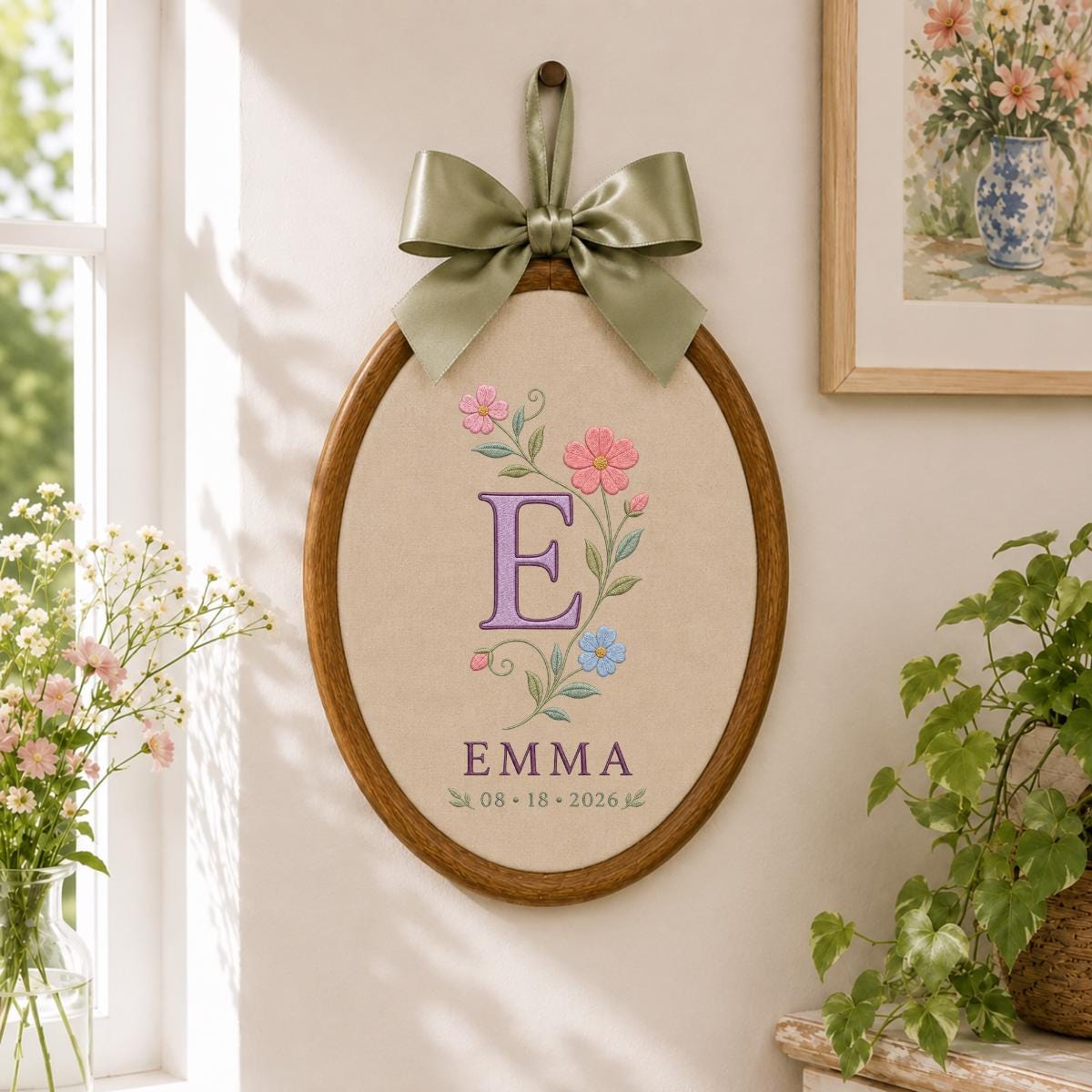 Personalized Floral Monogram Ornament, Emma Initial E Oval Wall Hanging, Custom Name Date Decor, Ribbon Bow Nursery Gift