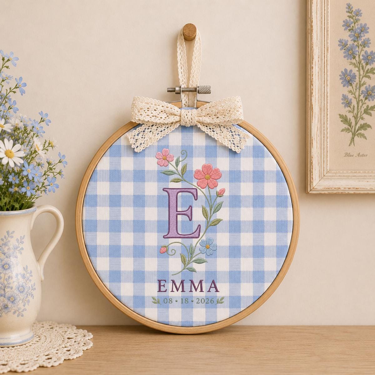 Personalized Floral Monogram Ornament, Emma Initial E Oval Wall Hanging, Custom Name Date Decor, Ribbon Bow Nursery Gift