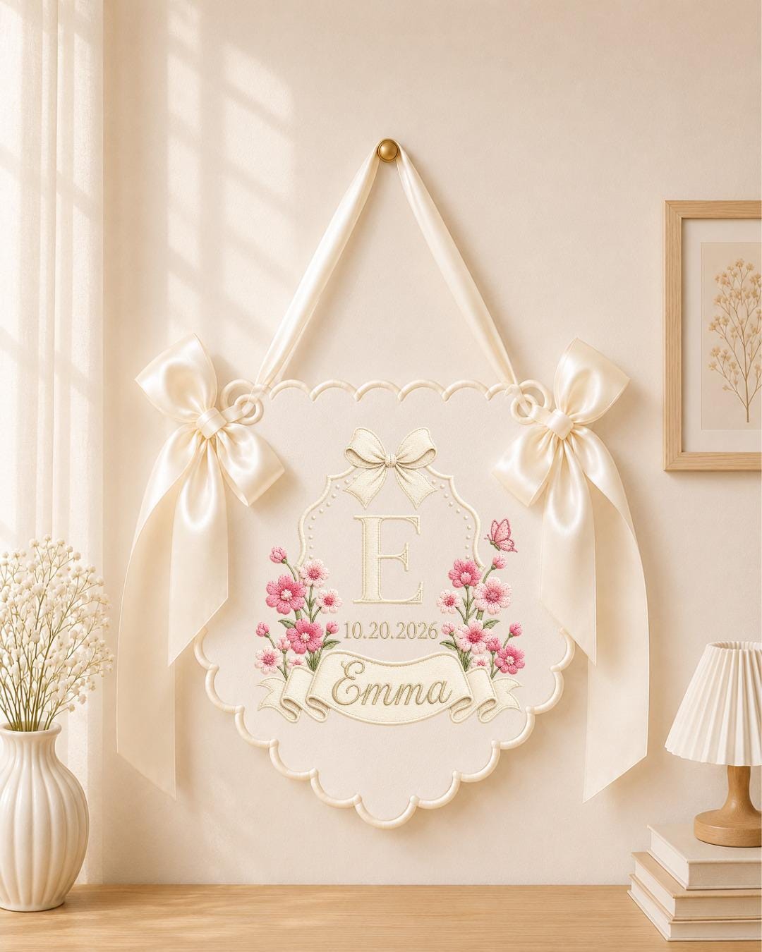 Personalized Embroidered Baby Name Banner, Floral Monogram Nursery Sign, Custom Baby Girl Wall Hanging, Newborn Announcement Gift