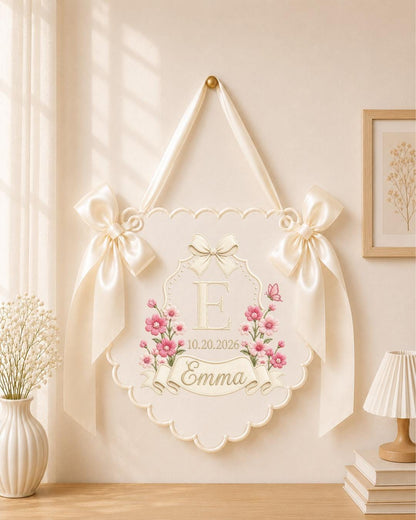 Personalized Embroidered Baby Name Banner, Floral Monogram Nursery Sign, Custom Baby Girl Wall Hanging, Newborn Announcement Gift