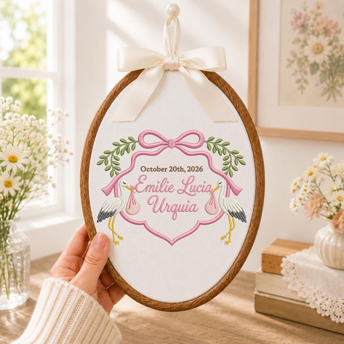 Personalized Embroidered Ornament, Stork Baby Birth Announcement Ornament, Custom Name Newborn Keepsake, Baby Girl Gift, Birth Date Decor
