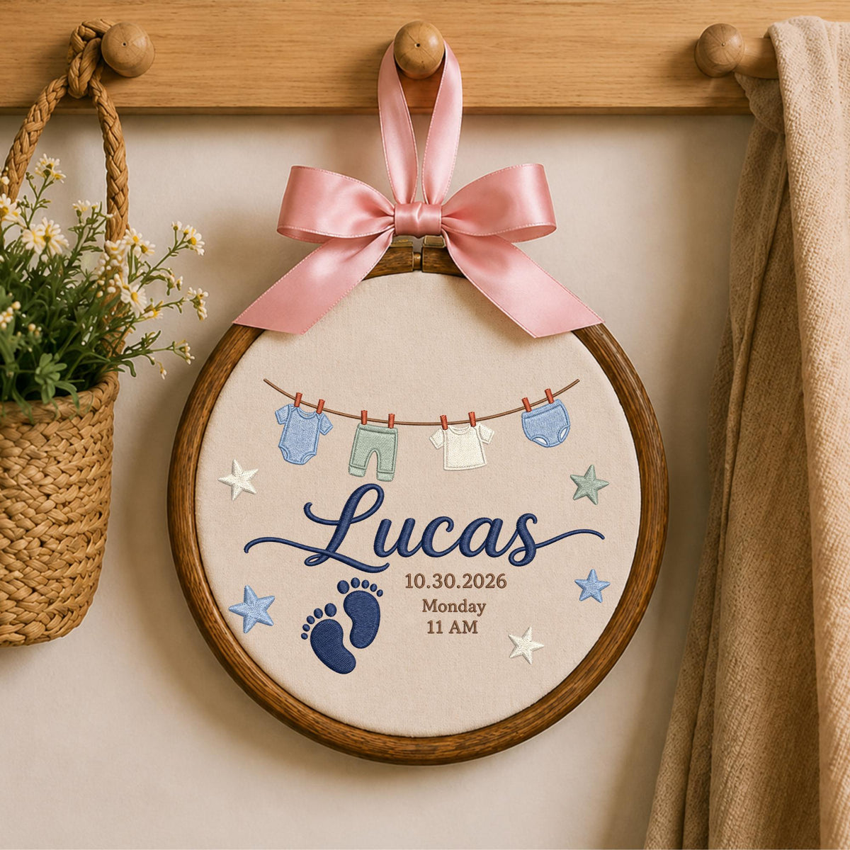 Personalized Baby Birth Embroidered Ornament, Custom Baby Name Birth Stats Keepsake, Newborn Announcement, Baby Boy Nursery Gift
