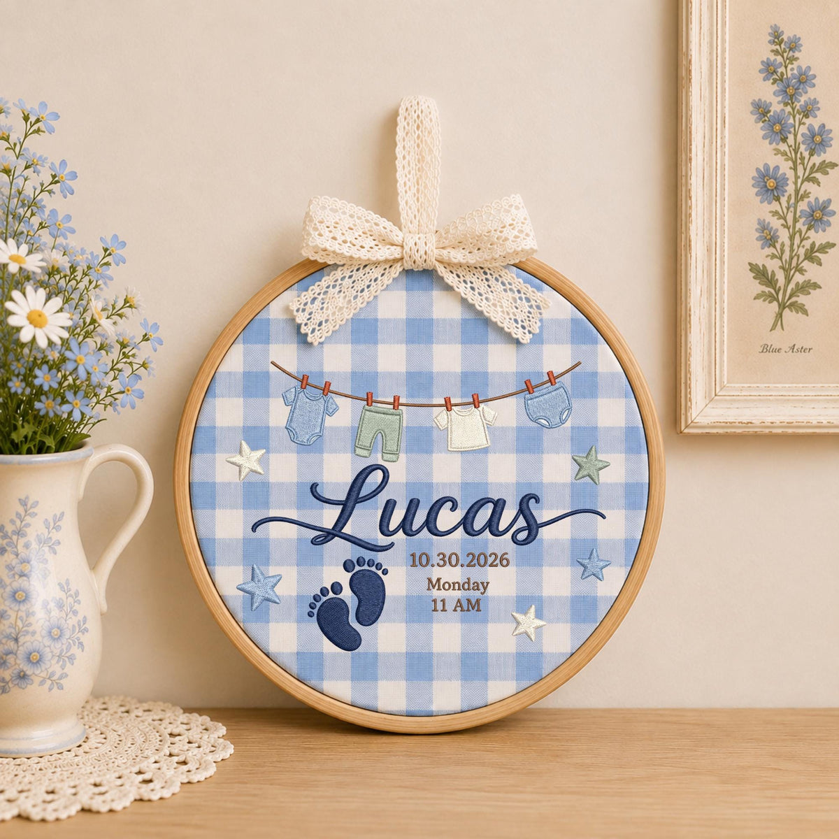 Personalized Baby Birth Embroidered Ornament, Custom Baby Name Birth Stats Keepsake, Newborn Announcement, Baby Boy Nursery Gift