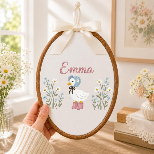 Personalized Goose Embroidered Ornament, Custom Baby Name Nursery Decor, Floral Duck Keepsake, Baby Girl Gift, Newborn Nursery Ornament