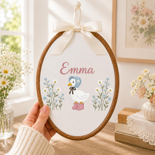 Personalized Goose Embroidered Ornament, Custom Baby Name Nursery Decor, Floral Duck Keepsake, Baby Girl Gift, Newborn Nursery Ornament