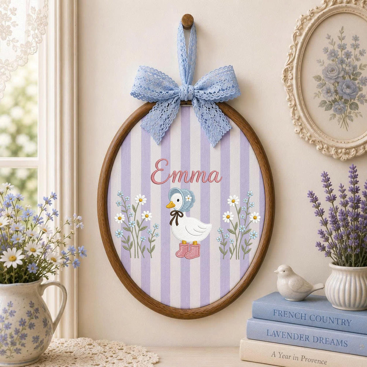 Personalized Goose Embroidered Ornament, Custom Baby Name Nursery Decor, Floral Duck Keepsake, Baby Girl Gift, Newborn Nursery Ornament