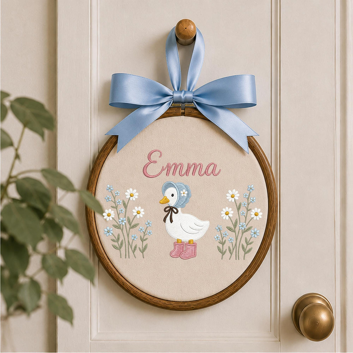 Personalized Goose Embroidered Ornament, Custom Baby Name Nursery Decor, Floral Duck Keepsake, Baby Girl Gift, Newborn Nursery Ornament