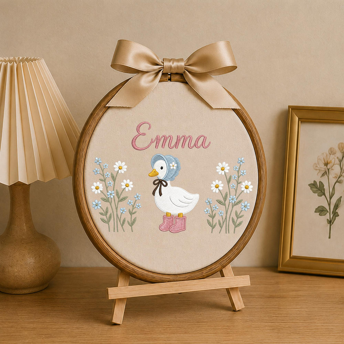 Personalized Goose Embroidered Ornament, Custom Baby Name Nursery Decor, Floral Duck Keepsake, Baby Girl Gift, Newborn Nursery Ornament