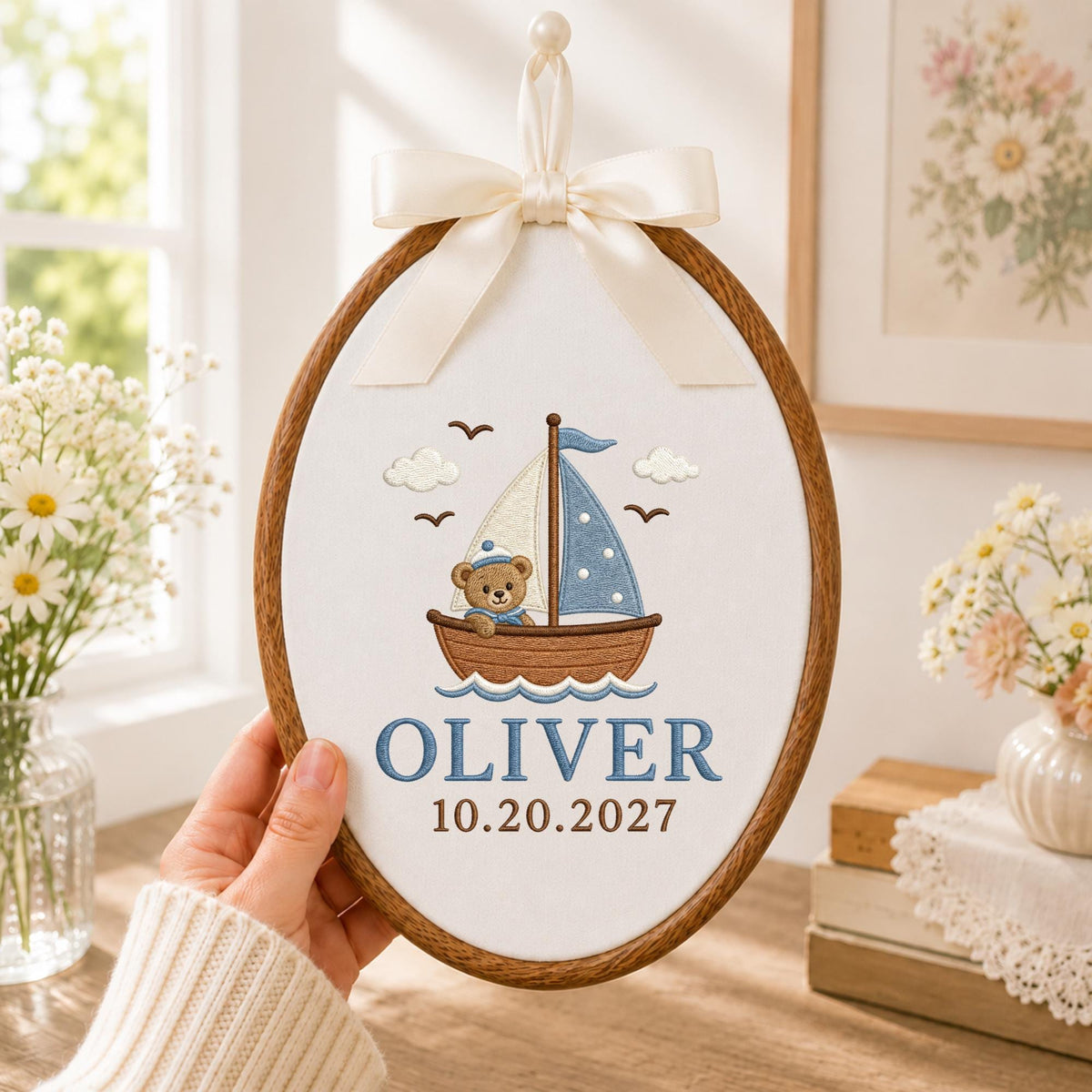 Personalized Sailboat Bear Embroidered Ornament, Custom Baby Boy Name Ornament, Nautical Nursery Decor, Newborn Baby Gift, Sailboat Keepsake