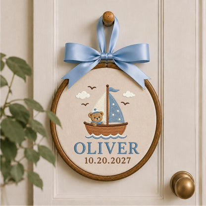 Personalized Sailboat Bear Embroidered Ornament, Custom Baby Boy Name Ornament, Nautical Nursery Decor, Newborn Baby Gift, Sailboat Keepsake