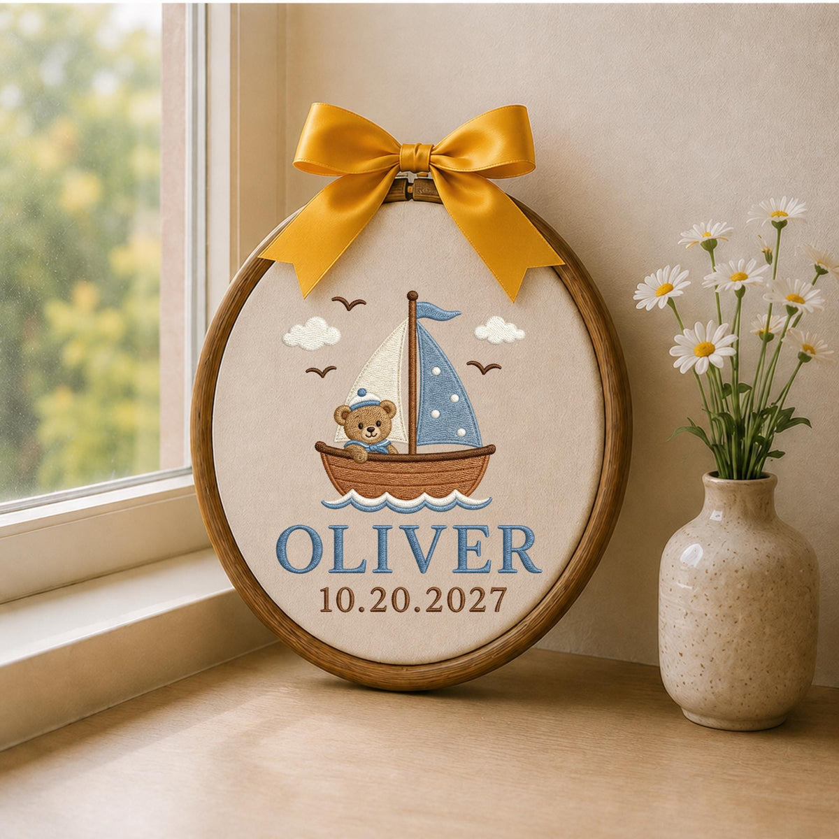 Personalized Sailboat Bear Embroidered Ornament, Custom Baby Boy Name Ornament, Nautical Nursery Decor, Newborn Baby Gift, Sailboat Keepsake