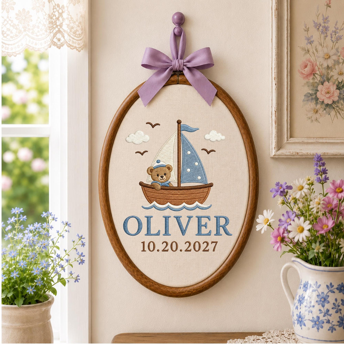 Personalized Sailboat Bear Embroidered Ornament, Custom Baby Boy Name Ornament, Nautical Nursery Decor, Newborn Baby Gift, Sailboat Keepsake