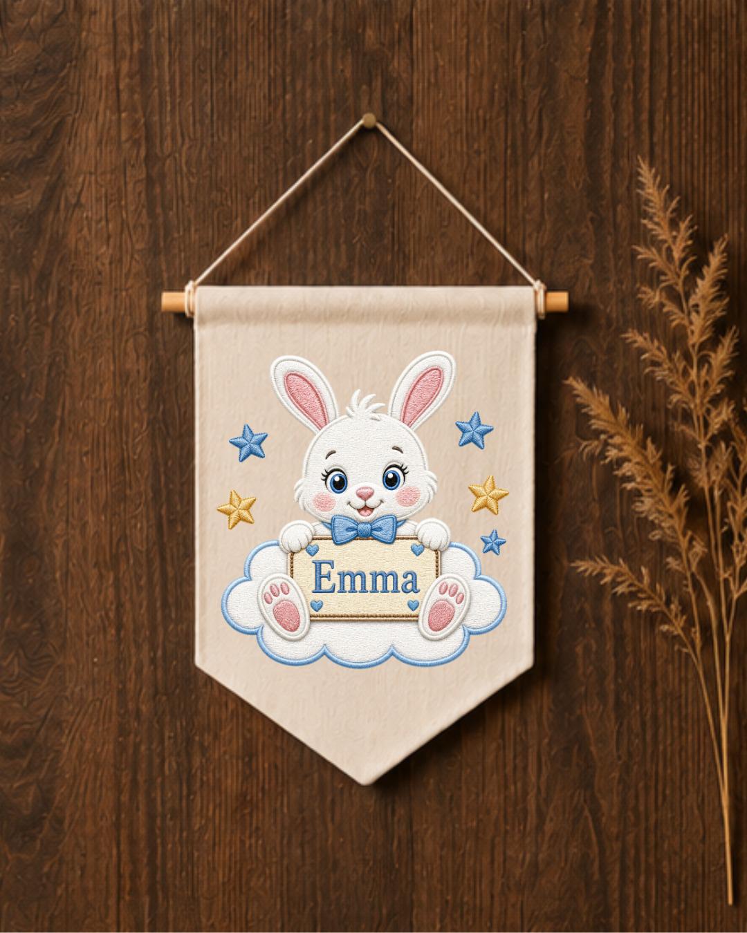 Personalized Bunny Nursery Wall Hanging, Custom Name Embroidered Banner, Rabbit Baby Name Sign, Baby Girl Nursery Decor, Baby Shower Gift