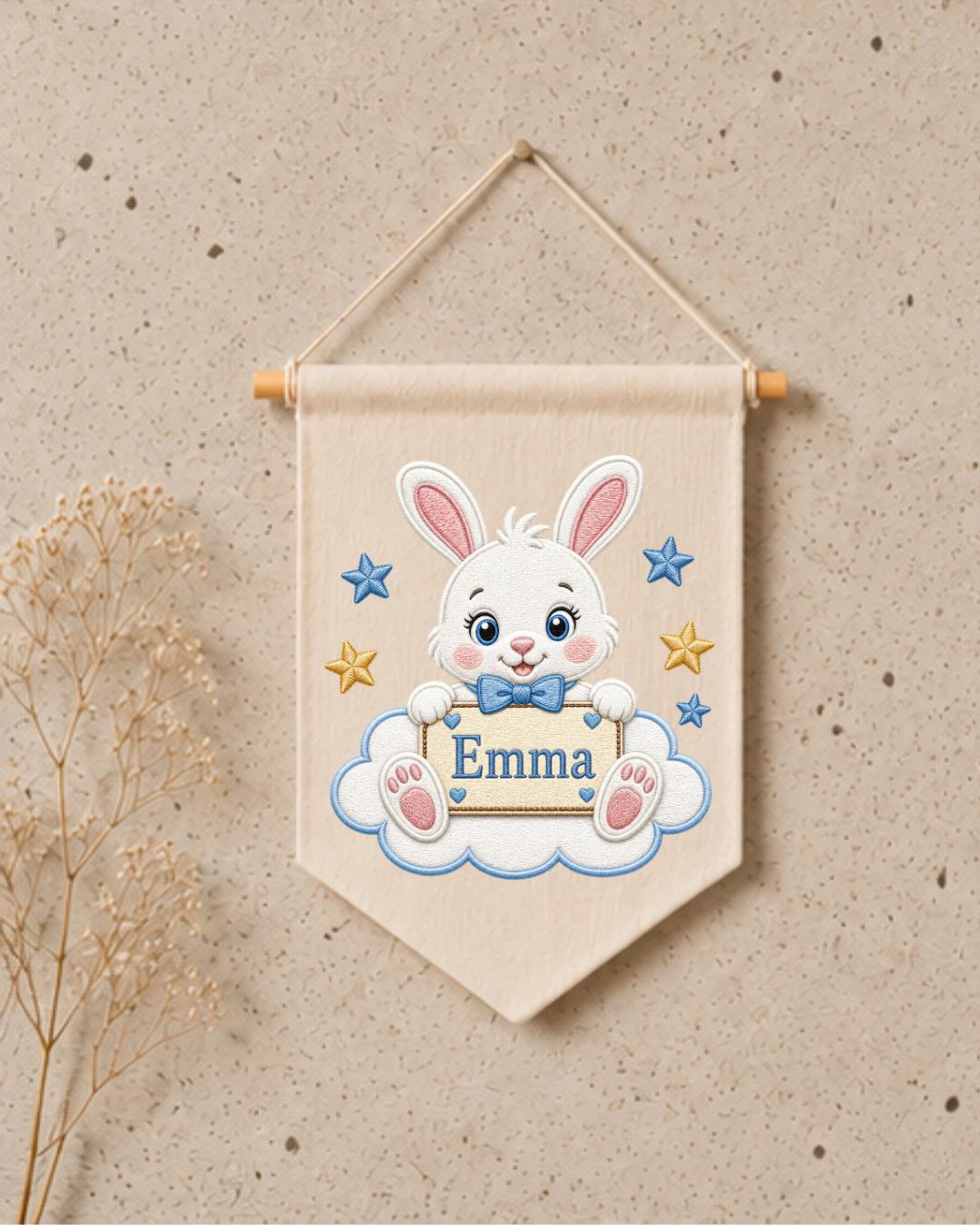 Personalized Bunny Nursery Wall Hanging, Custom Name Embroidered Banner, Rabbit Baby Name Sign, Baby Girl Nursery Decor, Baby Shower Gift