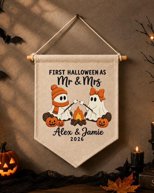 Personalized First Halloween Couple Wall Hanging, Custom Names Embroidered Banner, Mr and Mrs Ghost Halloween Decor, Newlywed Halloween Gift