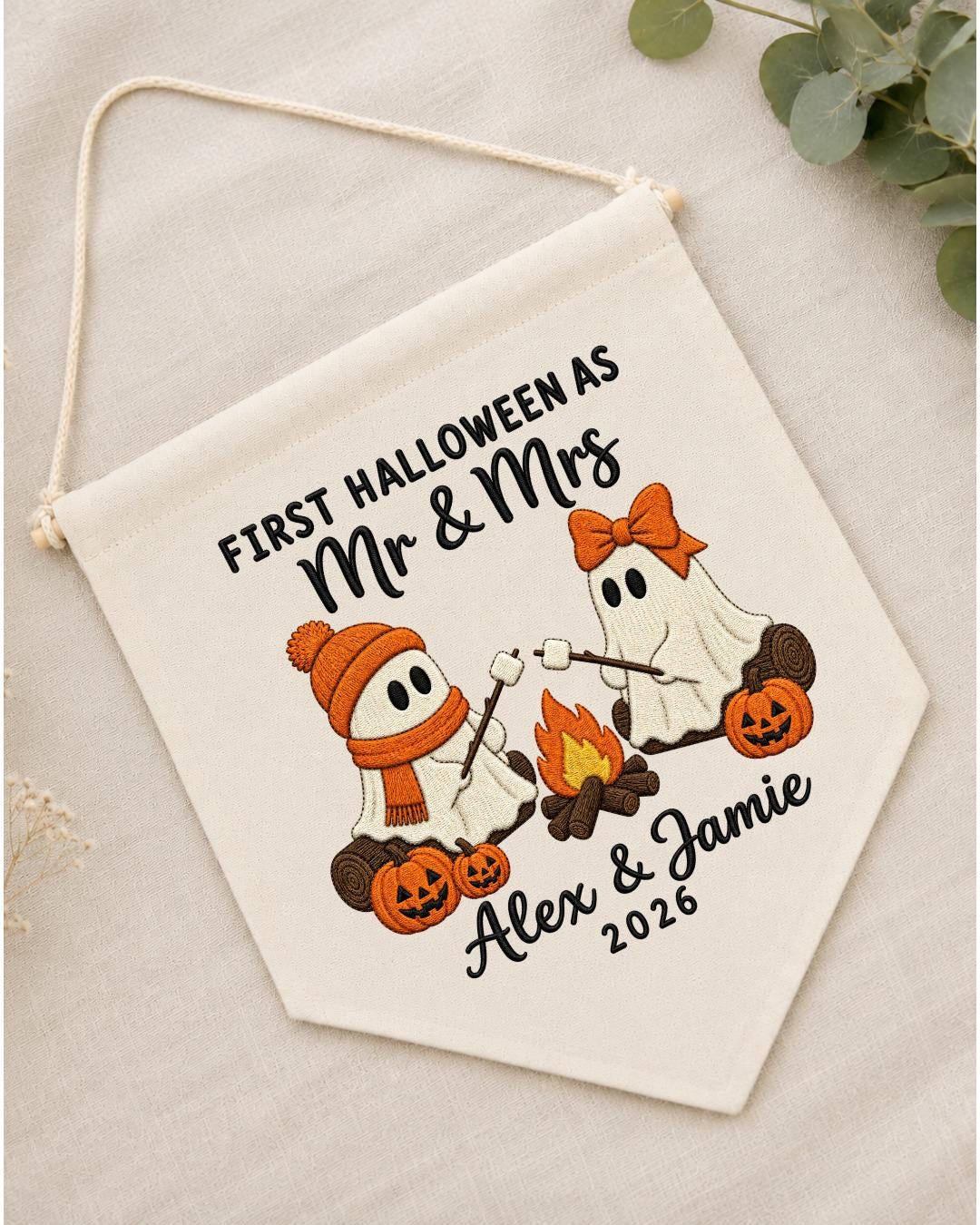 Personalized First Halloween Couple Wall Hanging, Custom Names Embroidered Banner, Mr and Mrs Ghost Halloween Decor, Newlywed Halloween Gift