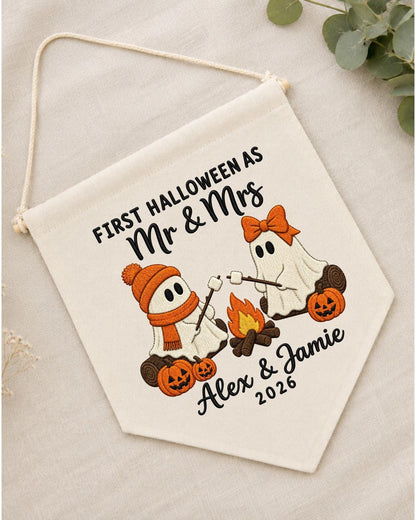 Personalized First Halloween Couple Wall Hanging, Custom Names Embroidered Banner, Mr and Mrs Ghost Halloween Decor, Newlywed Halloween Gift