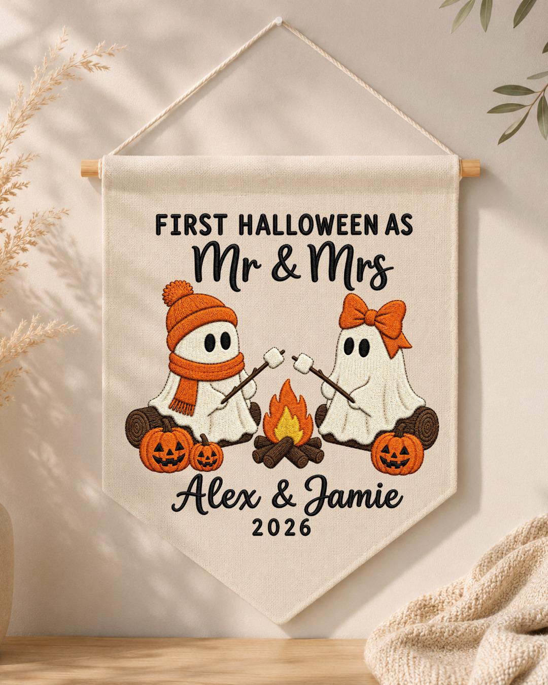 Personalized First Halloween Couple Wall Hanging, Custom Names Embroidered Banner, Mr and Mrs Ghost Halloween Decor, Newlywed Halloween Gift